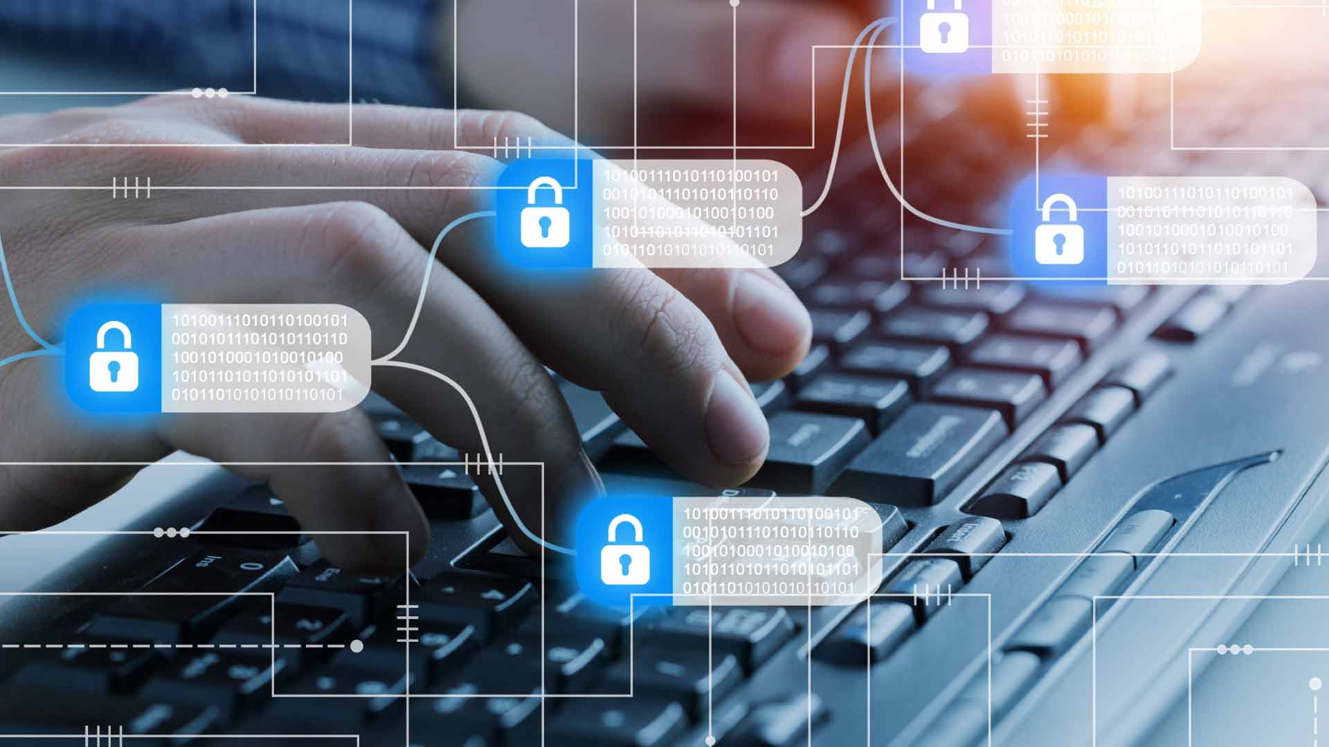 Mãos digitando em teclado de computador, com ícones de cadeado representando segurança digital, proteção de dados e antifraude.