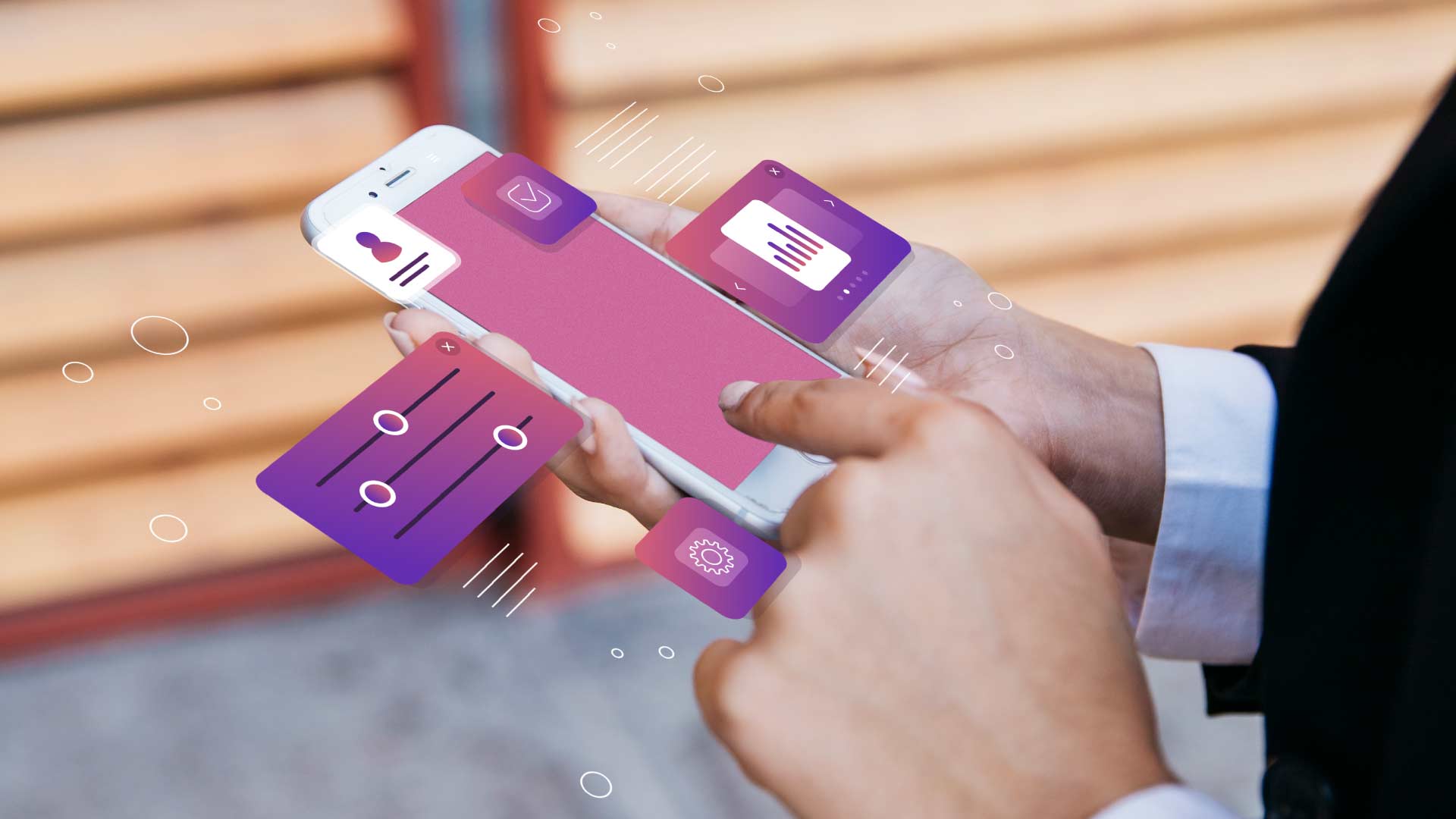Pessoa segurando smartphone com interface digital flutuante exibindo gráficos, controles e ícones de configuração.
