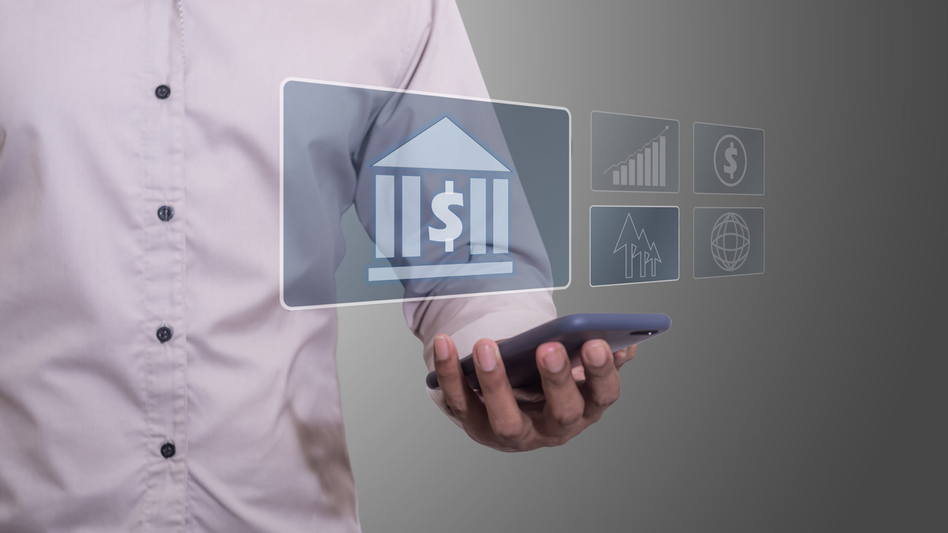 Pessoa usando smartphone com ícones digitais de banco e finanças projetados à frente, representando o conceito de Open Finance.