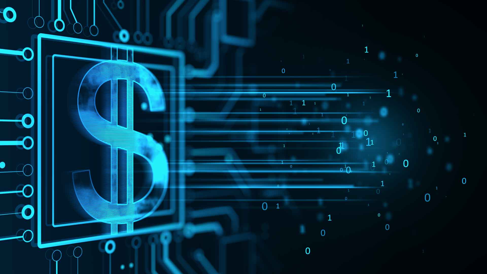 Símbolo de cifrão digitalizado com efeitos de dados binários e circuitos eletrônicos, representando tecnologia financeira e embedded finance.