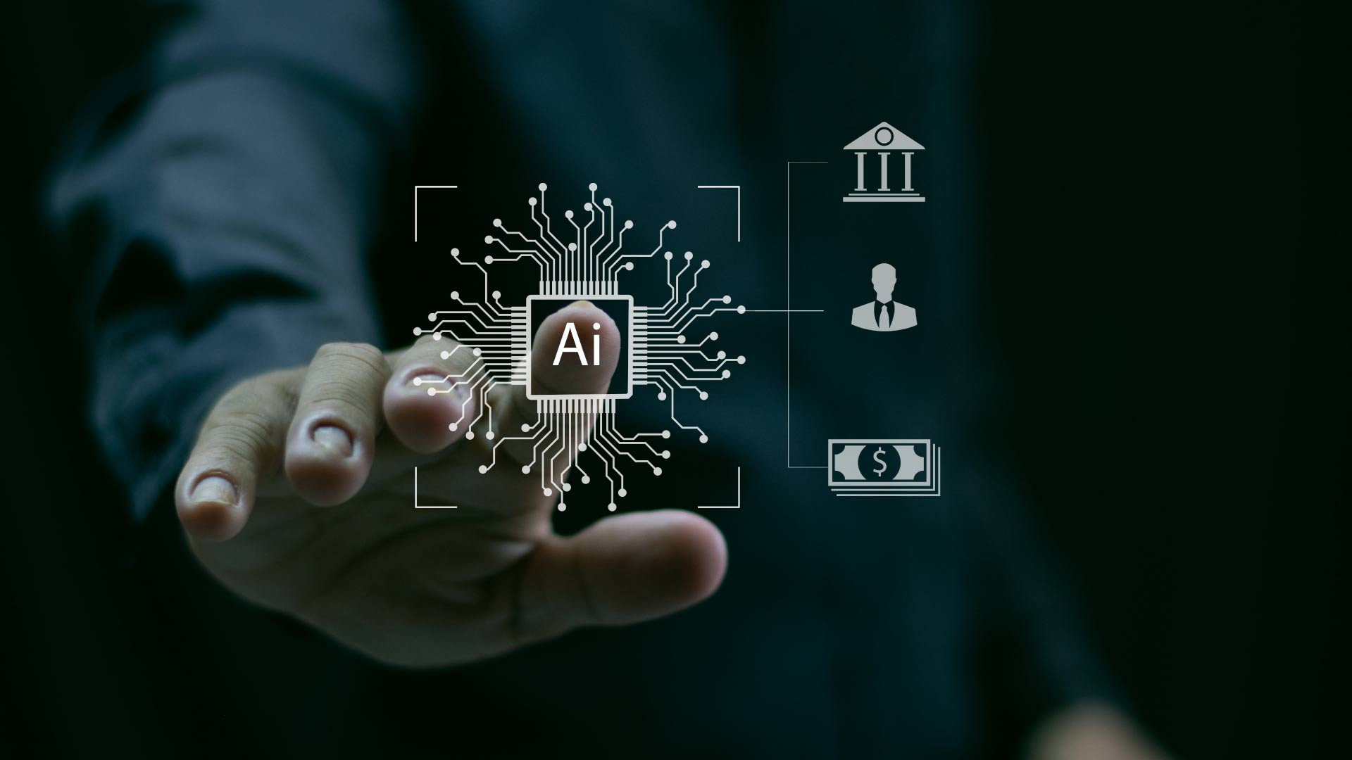Mão tocando uma interface virtual com o símbolo "AI" no centro, representando o uso de inteligência artificial em processos de cobrança inteligente.