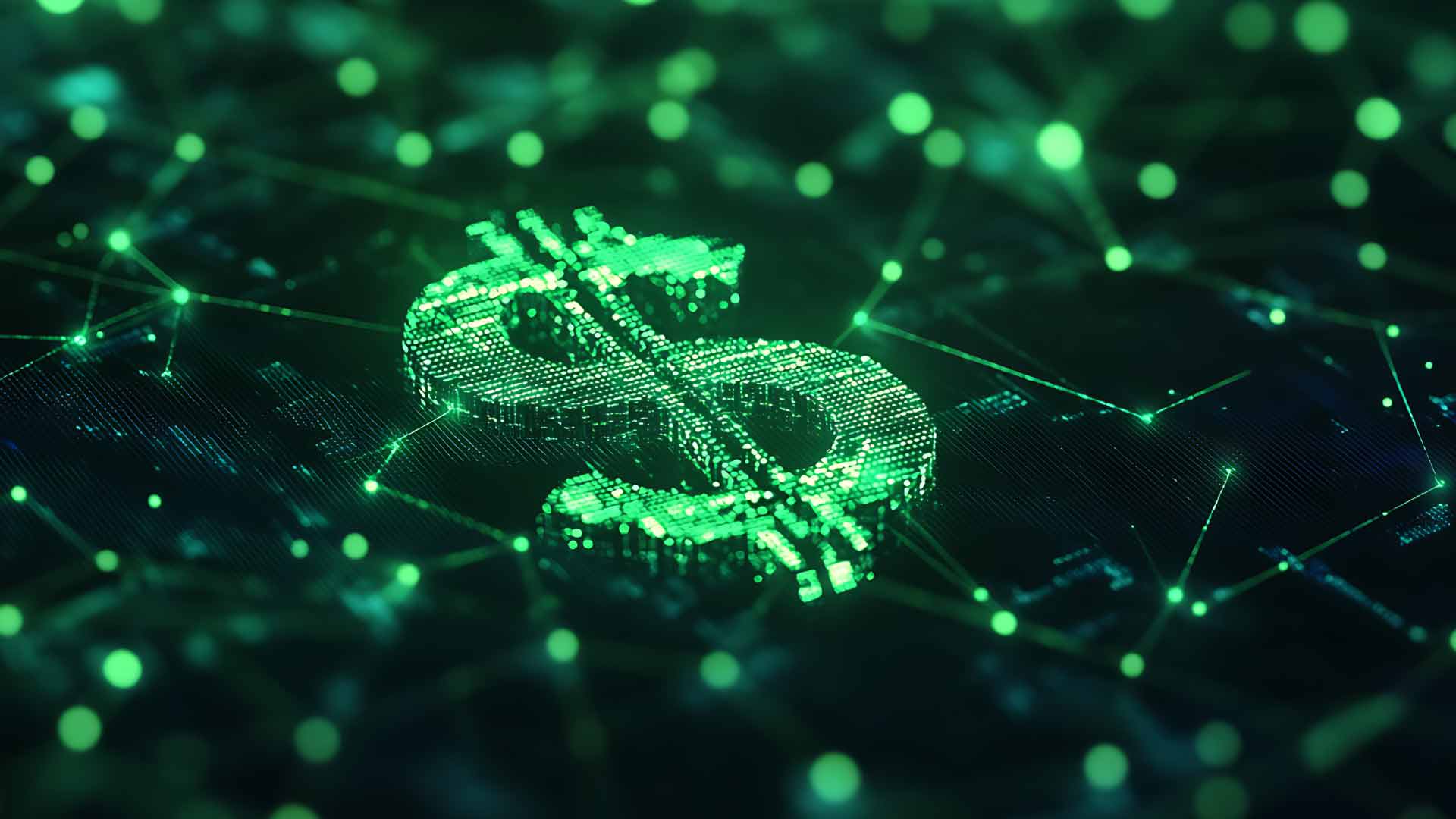 Símbolo de cifrão em luz verde sobre o fundo, com um padrão de circuitos e elementos neon.