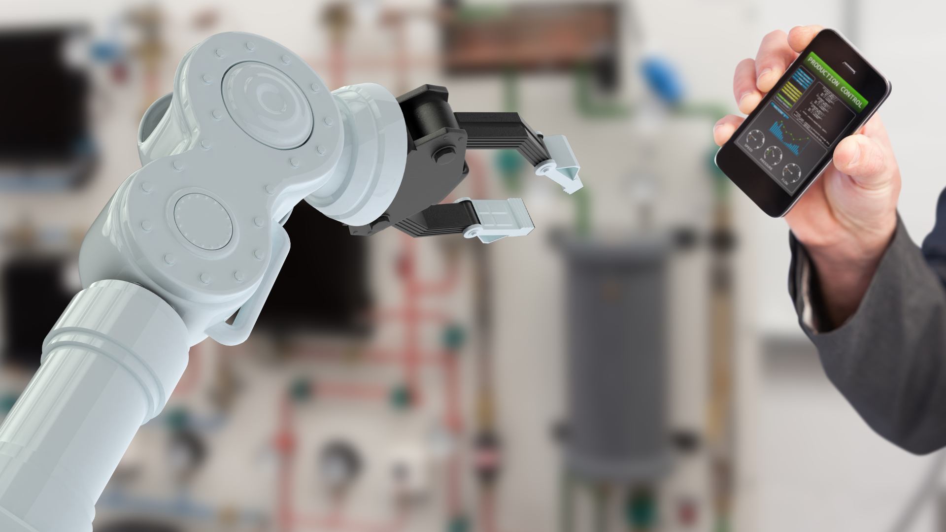 Braço robótico industrial operado por sistema digital via smartphone, representando automação de processos robóticos e controle inteligente.